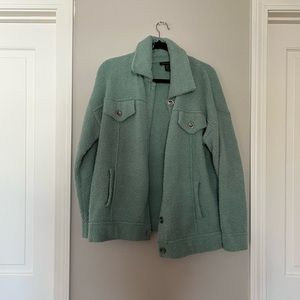 Blue fuzzy shacket with silver buttons